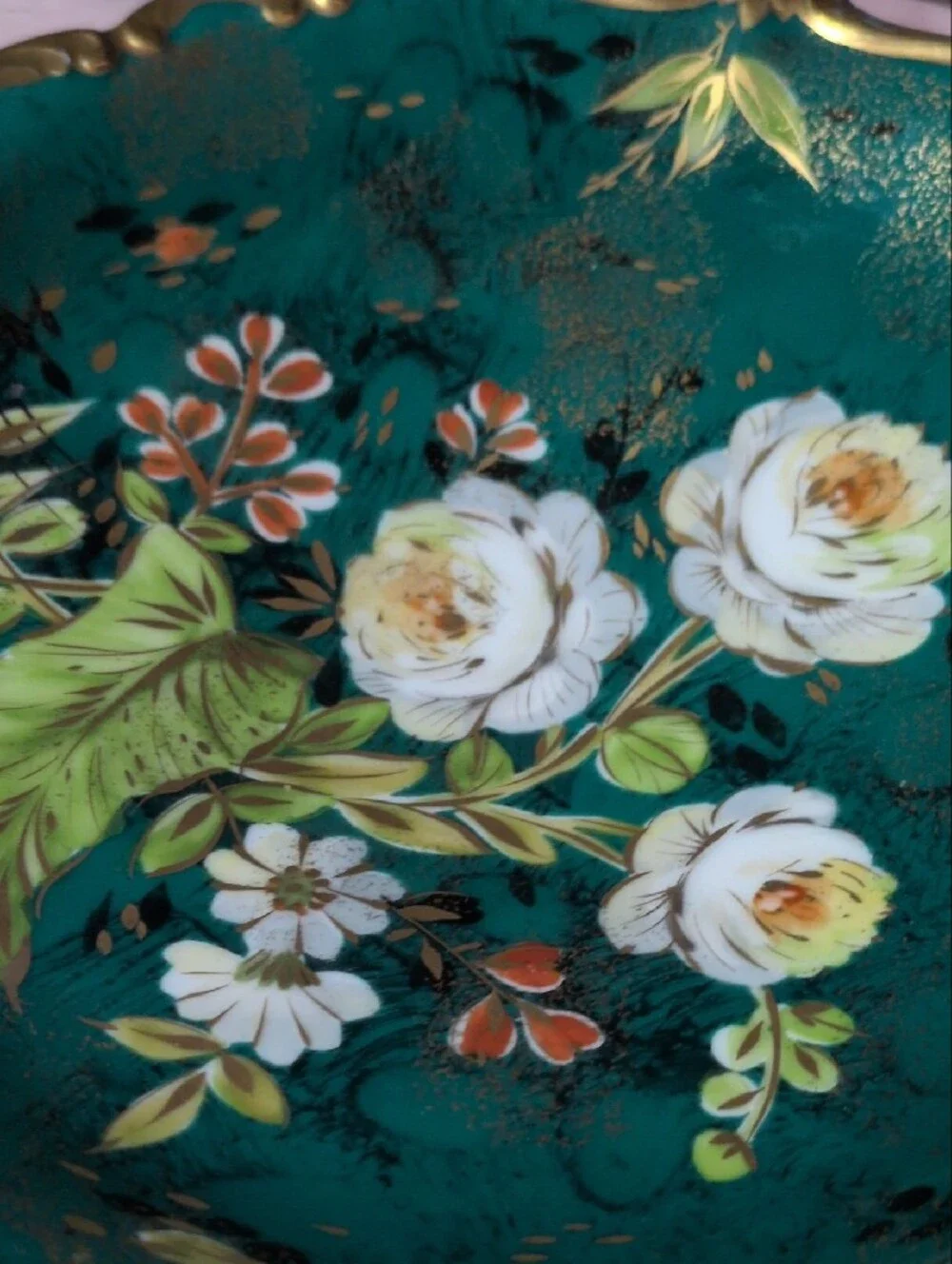Rosen Thal Germany Hand-Painted Floral Decorative Bowl in Teal with Gold Trim